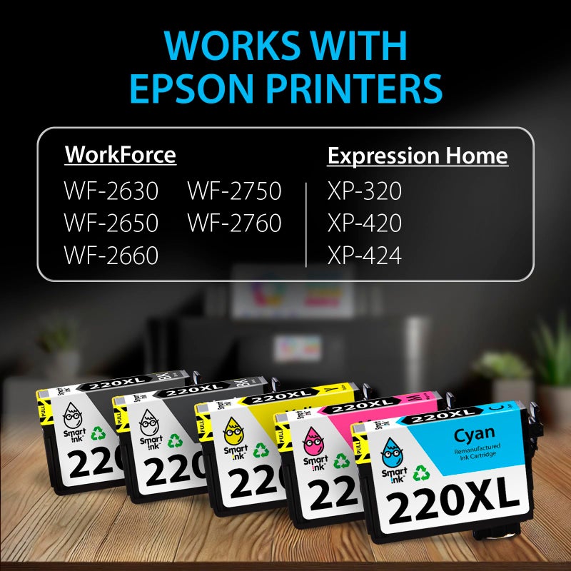 Smart Ink Remanufactured Ink Cartridge Replacement for Epson 220 XL T220 220XL 5 Multipack (2 Black, C/M/Y) to use with Workforce WF2630 WF2650 WF2750 Expression Home XP320 XP420 XP424 Printer - Image 3